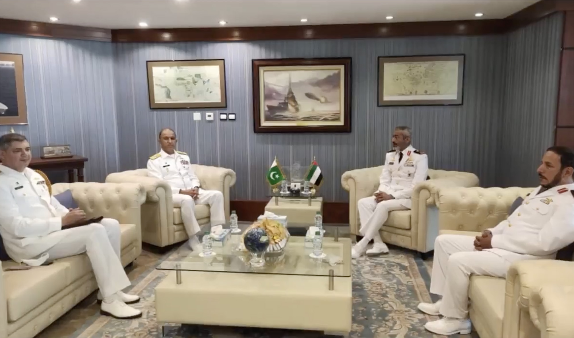 Pakistani naval chief Admiral Muhammad Amjad Khan Niazi, second left, with Commander UAE Naval Forces, second right, during his visit to the United Arab Emirates on March 12, 2021. (Photo courtesy: @dgprPaknavy/Twitter)