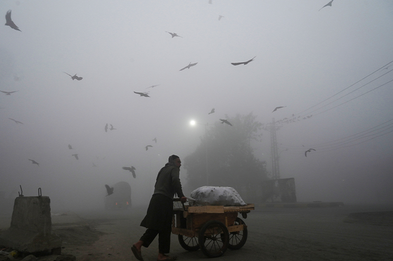 A vendor pushes his cart along a street amid heavy foggy conditions in Lahore, Pakistan, on January 15, 2021. (AFP)