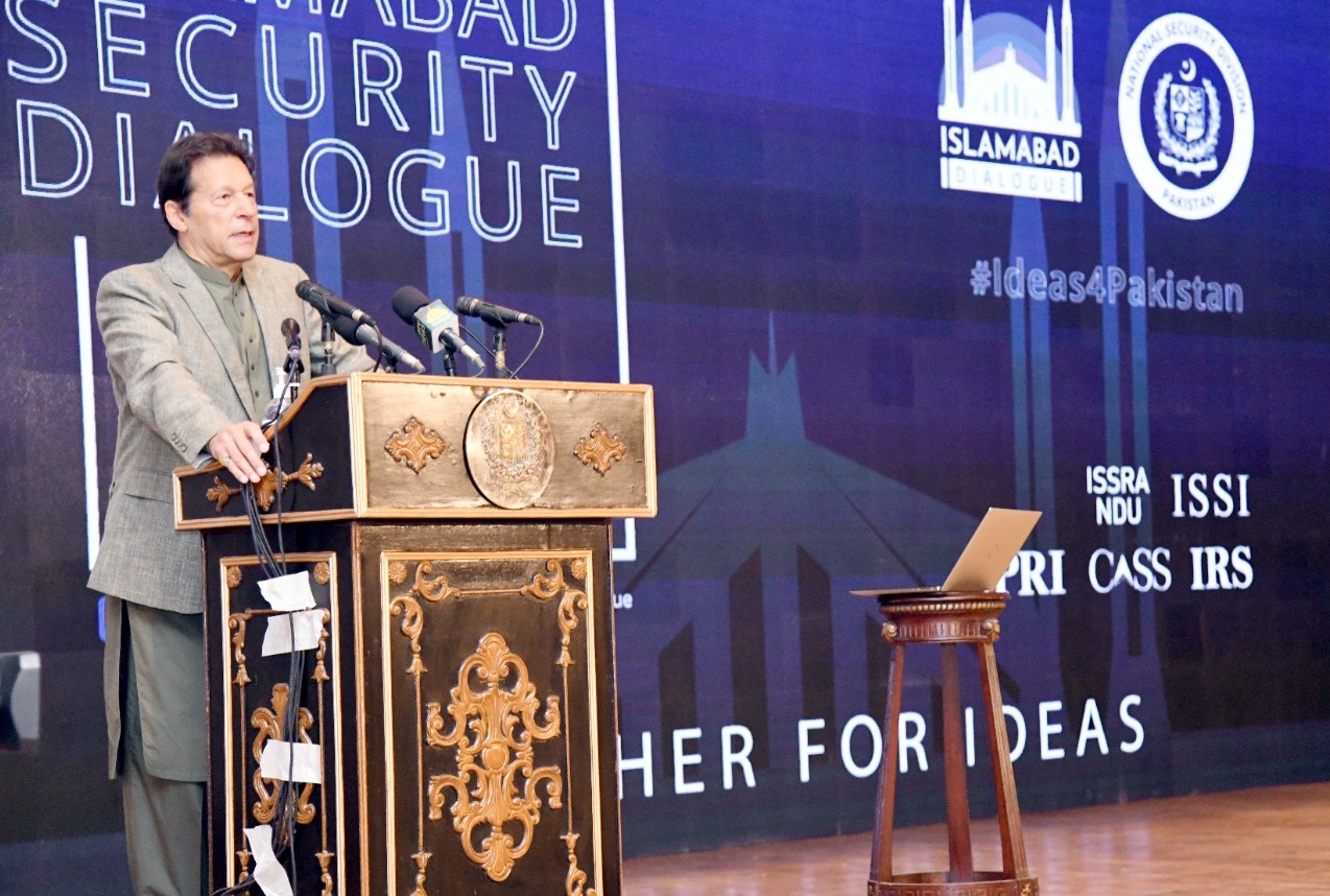 Prime Minister Imran Khan speaks during the inaugural session of Islamabad Security Dialogue in Islamabad, Pakistan on March 17, 2021. (Photo courtesy: National Security Division)