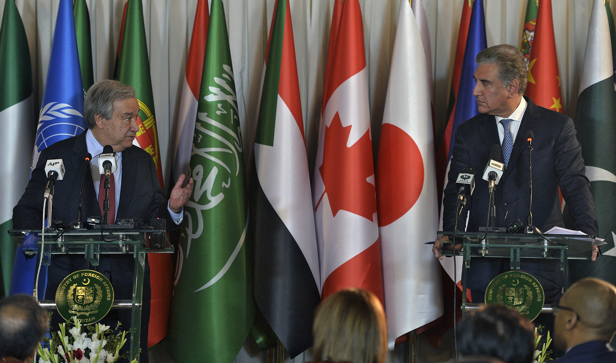 United Nations Secretary-General Antonio Guterres, left, and Pakistan's Foreign Minister Shah Mehmood Qureshi speak during a joint press conference at the Foreign Ministry in Islamabad, Pakistan, on February 16, 2020. (AFP/File)