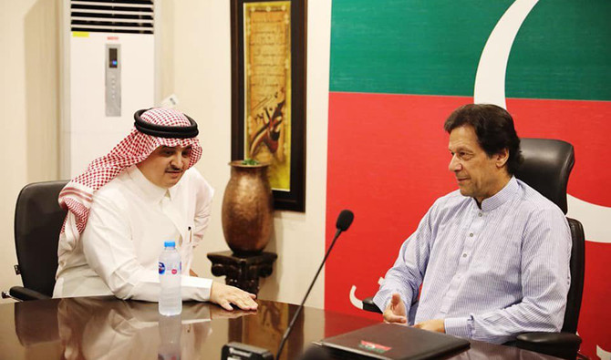 The ambassador of Saudi Arabia to Islamabad, Nawaf bin Said Al-Malki, with Pakistan's prime minister Imran Khan at his residence in Islamabad on July 27, 2018. (Photo courtesy: KSA Embassy)
