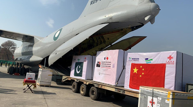 A general view of the first consignment of the coronavirus disease (COVID-19) vaccines from China, seen offloading from a plane at the Noor Khan Airbase Rawalpindi, Pakistan on February 1, 2021. (Photo courtesy: ISPR/Handout via REUTERS)