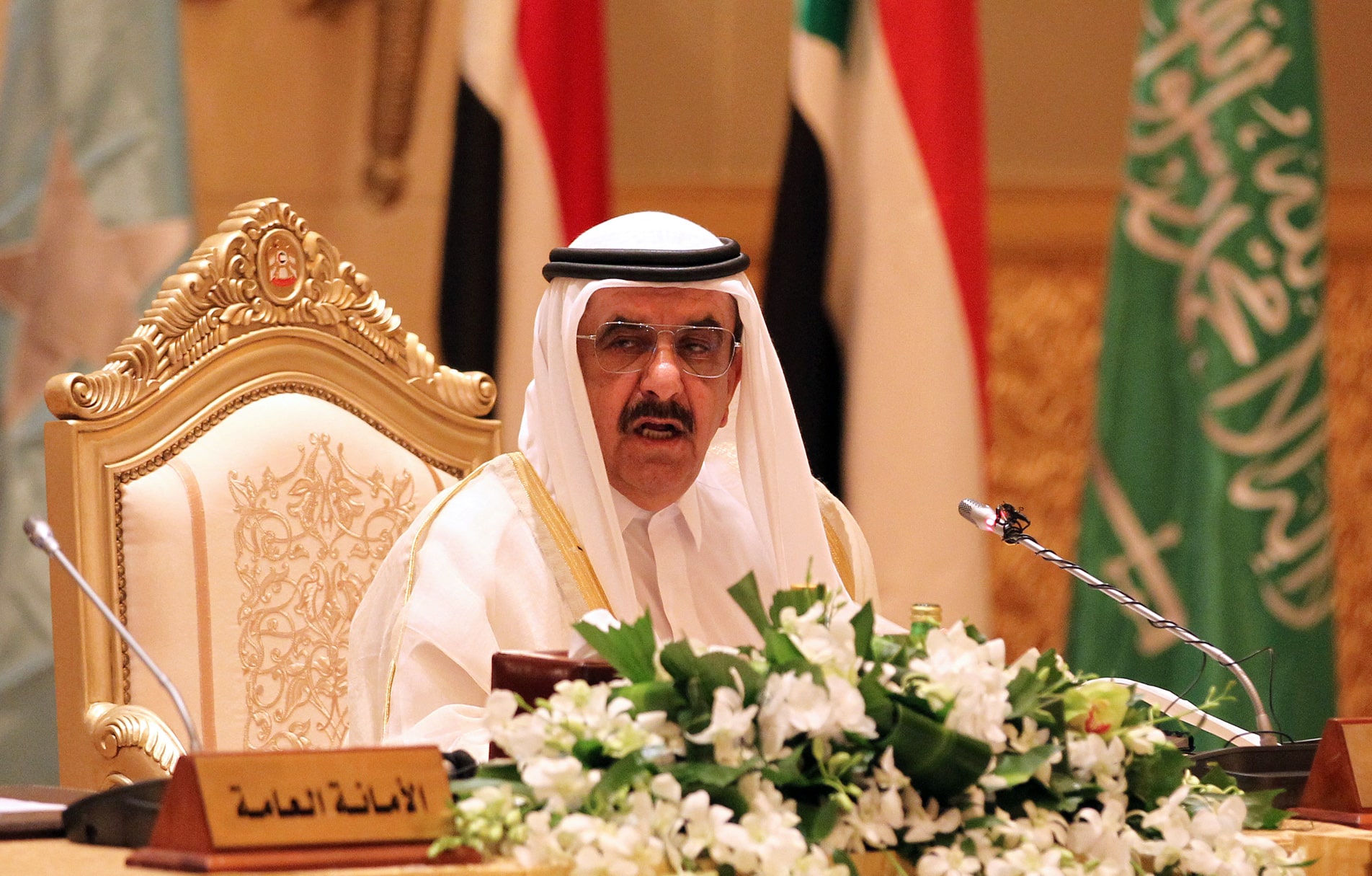 Emirati Finance Minister Sheikh Hamdan bin Rashid al-Maktoum speaks during the opening session of an Arab finance ministers "exceptional meeting" in Abu Dhabi on September 7, 2011. (AFP/File)