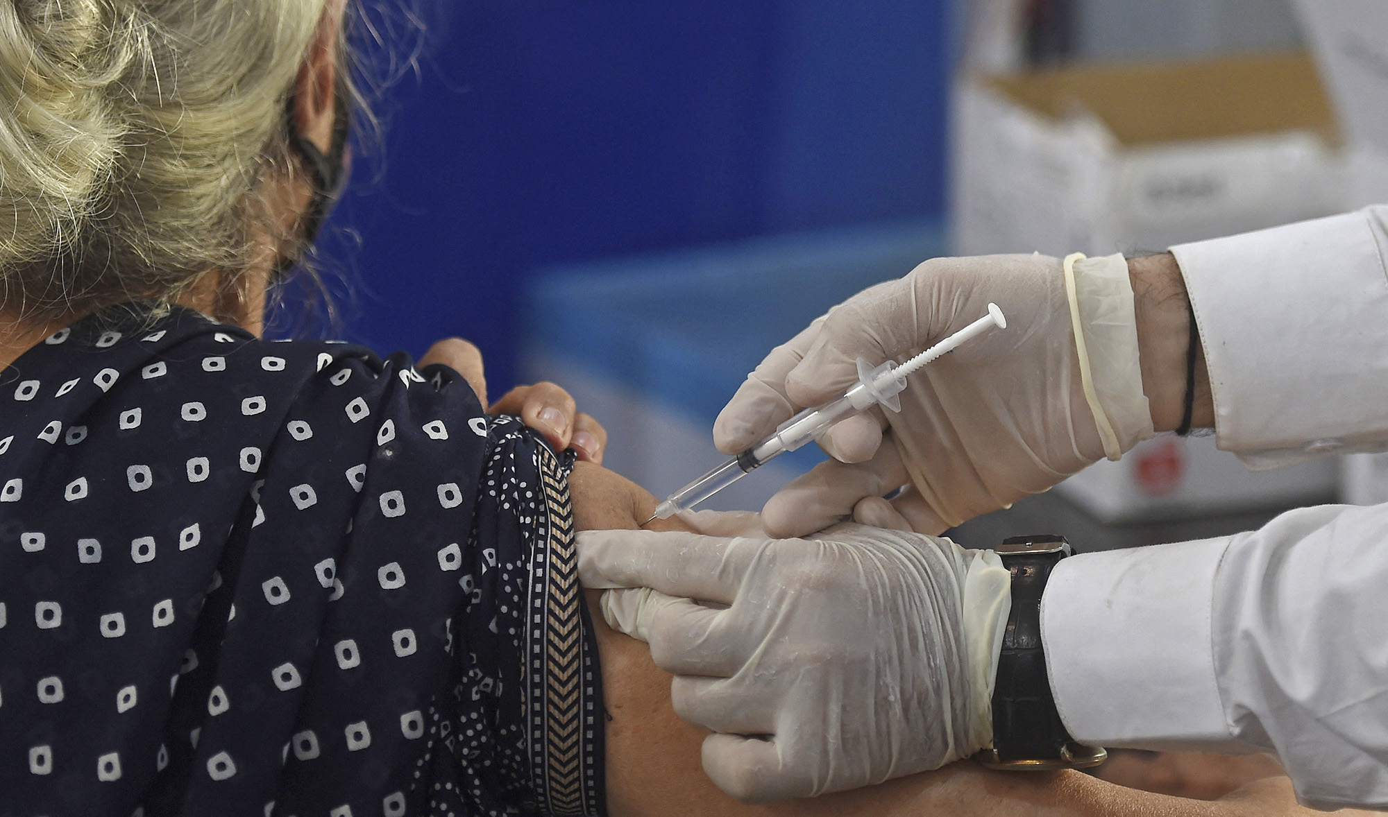 A senior citizen is inoculated with a Covid-19 coronavirus vaccine at a vaccination centre in Karachi, Pakistan on March 16, 2021. (AFP/File)