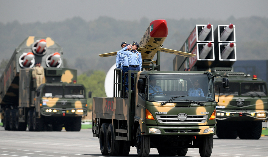 Pakistan's military vehicles carrying missiles system take part in the military parade to mark the Pakistan's National Day in Islamabad on March 25, 2021.