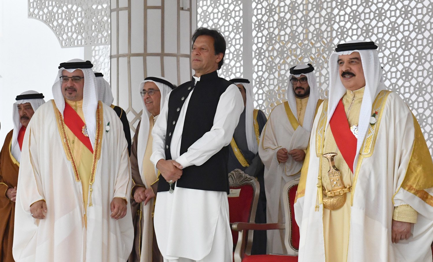 Bahrain's King Hamad Bin Isa Al Khalifa, right, is seen with Pakistan's Prime Minister Imran Kha, left, at Al-Sakhir Palace in Bahrain on Dec. 16, 2019. (Supplied)