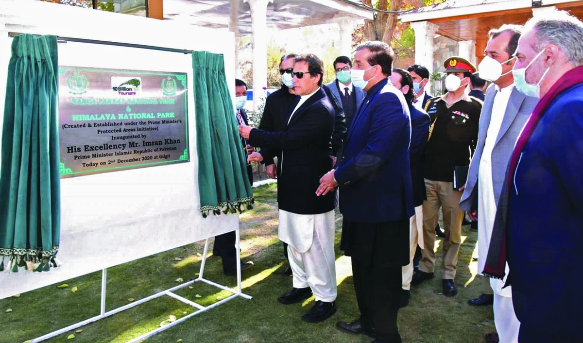 This photograph shared by Prime Minister's Office on December 2, 2020, shows Pakistani premier Imran Khan during the inauguration ceremony of the Himalaya and Nanga Parbat national parks. (PID/File)