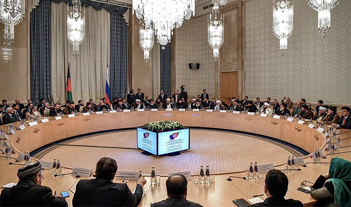 Participants attend the opening of the two-day talks of the Taliban and Afghan opposition representatives at the President Hotel in Moscow on February 5, 2019. (AFP/File)