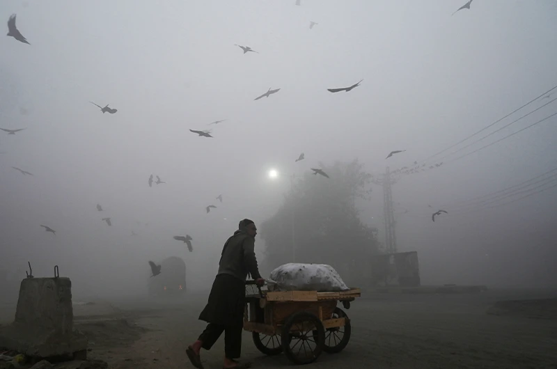 A vendor pushes his cart along a street amid heavy foggy conditions in Lahore, Pakistan, on January 15, 2021. (AFP)