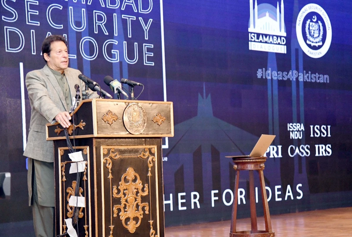 Prime Minister Imran Khan speaks during the inaugural session of Islamabad Security Dialogue in Islamabad, Pakistan on March 17, 2021. (Photo courtesy: National Security Division)