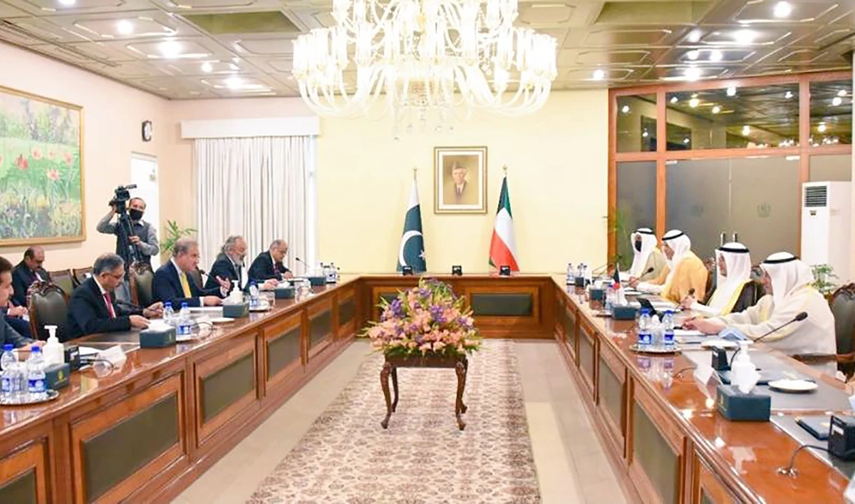 Pakistan's foreign minister Shah Mahmood Qureshi, (5th L), during his meeting with his Kuwaiti counterpart, Sheikh Ahmed Nasser Al-Mohammed Al-Sabah, (2nd R), in Islamabad, Pakistan on March 18, 2021. (Photo courtesy: SMQureshiPTI/Twitter)