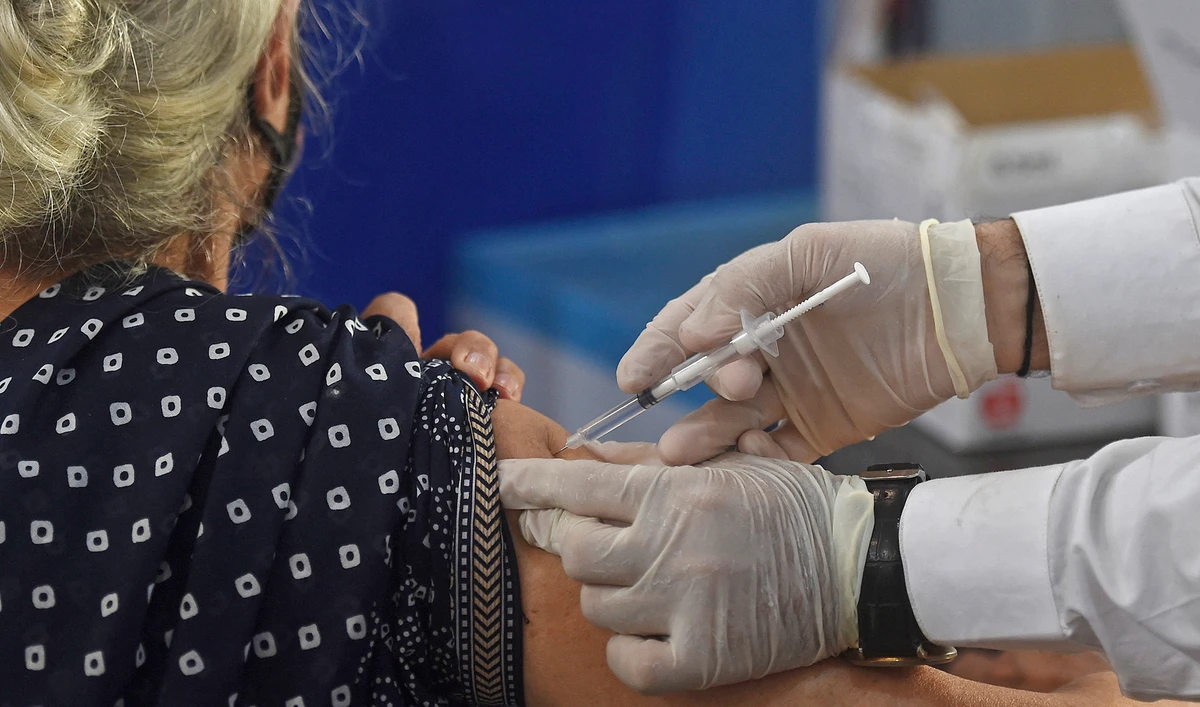 A senior citizen is inoculated with a Covid-19 coronavirus vaccine at a vaccination centre in Karachi, Pakistan on March 16, 2021. (AFP/File)
