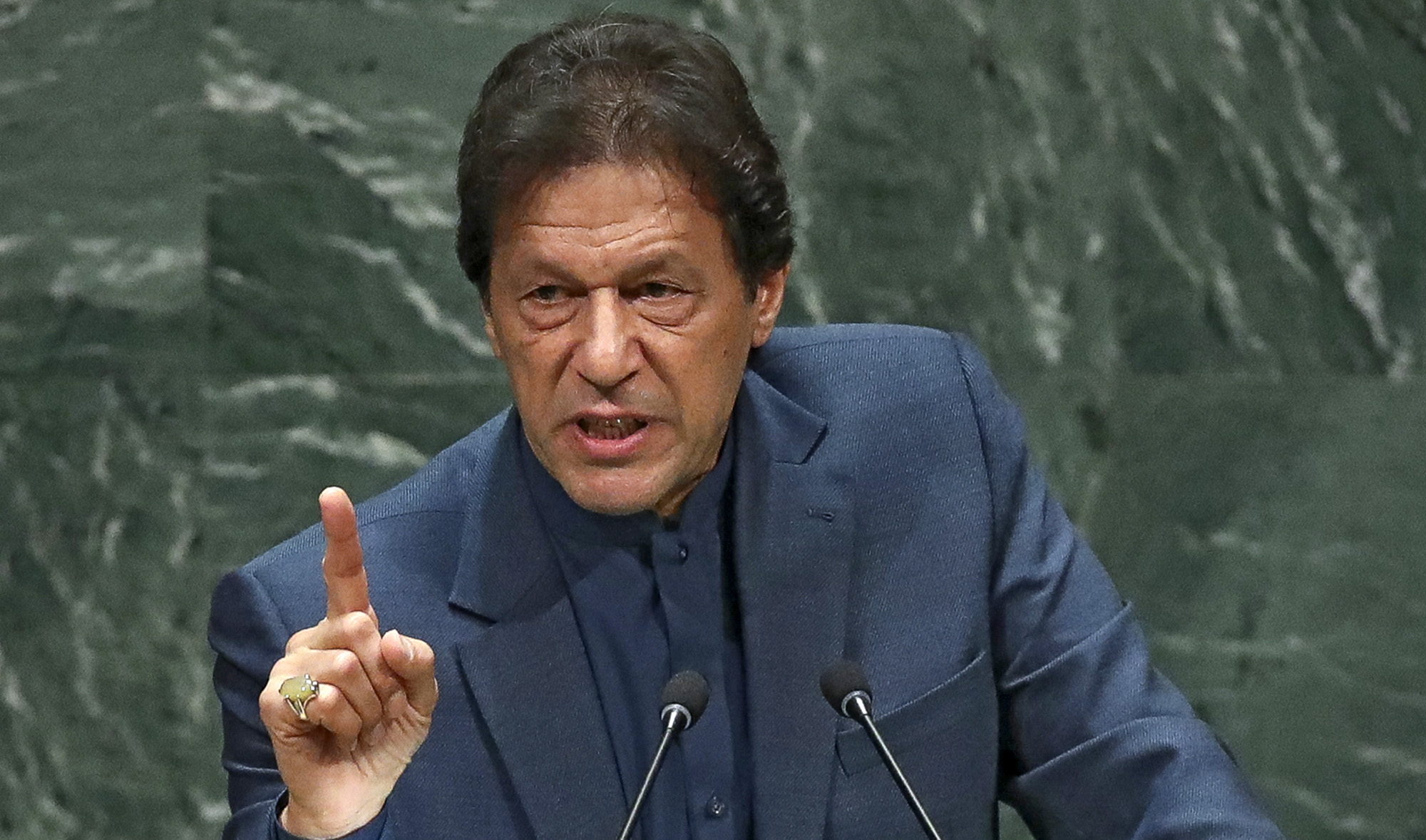 Prime Minister of Pakistan Imran Khan addresses the United Nations General Assembly at UN headquarters on September 27, 2019 in New York City. (Getty Images via AFP/File)