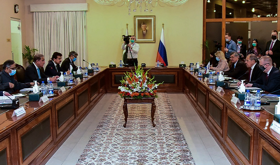 Pakistan's Foreign Minister Shah Mahmood Qureshi (2L) holds talks with his Russian counterpart Sergei Lavrov (2R), in Islamabad, Pakistan, on April 7, 2021. (AFP)