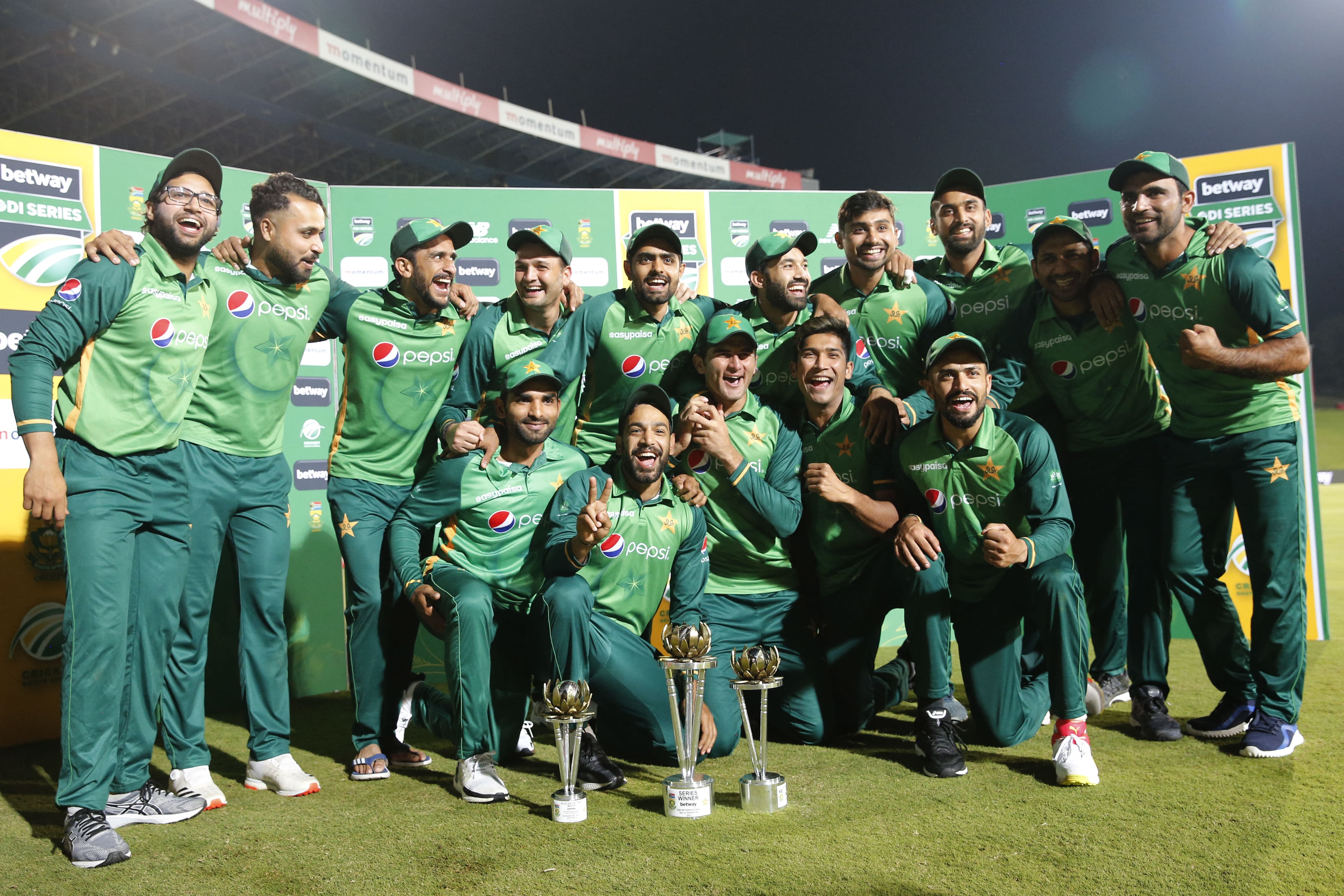The Pakistan team pose for a photograph after winning the series after the third one-day international (ODI) cricket match between South Africa and Pakistan at SuperSport Park in Centurion on April 7, 2021. (AFP)