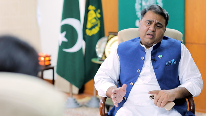 Pakistan's Science and Technology Minister Fawad Chaudhry speaks during an interview with Arab News in Islamabad on Sept. 10, 2020. (AN photo)