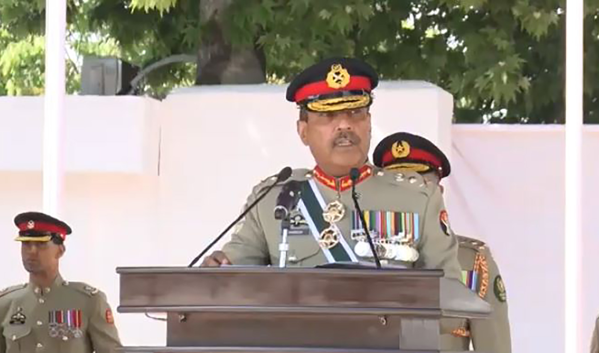 Pakistan's Chairman Joint Chiefs of Staff Committee General Nadeem Raza speaks during the graduation parade of the 143rd PMA Long Course at Pakistan Military Academy, Kakul, on April 10, 2021. (Photo courtesy: social media)
