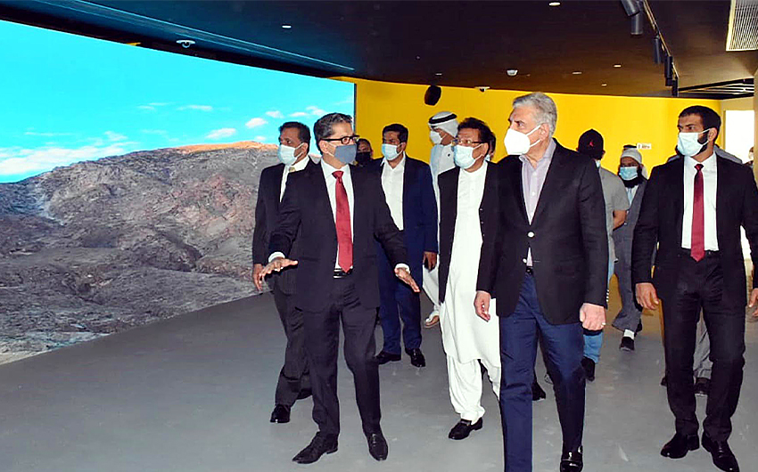 Foreign Minister of Pakistan Shah Mahmood Qureshi (right in first row) visits Pakistan's Pavilion at the Expo 2020 site in Dubai, UAE, on April18, 2021. (Photo courtesy: PID)