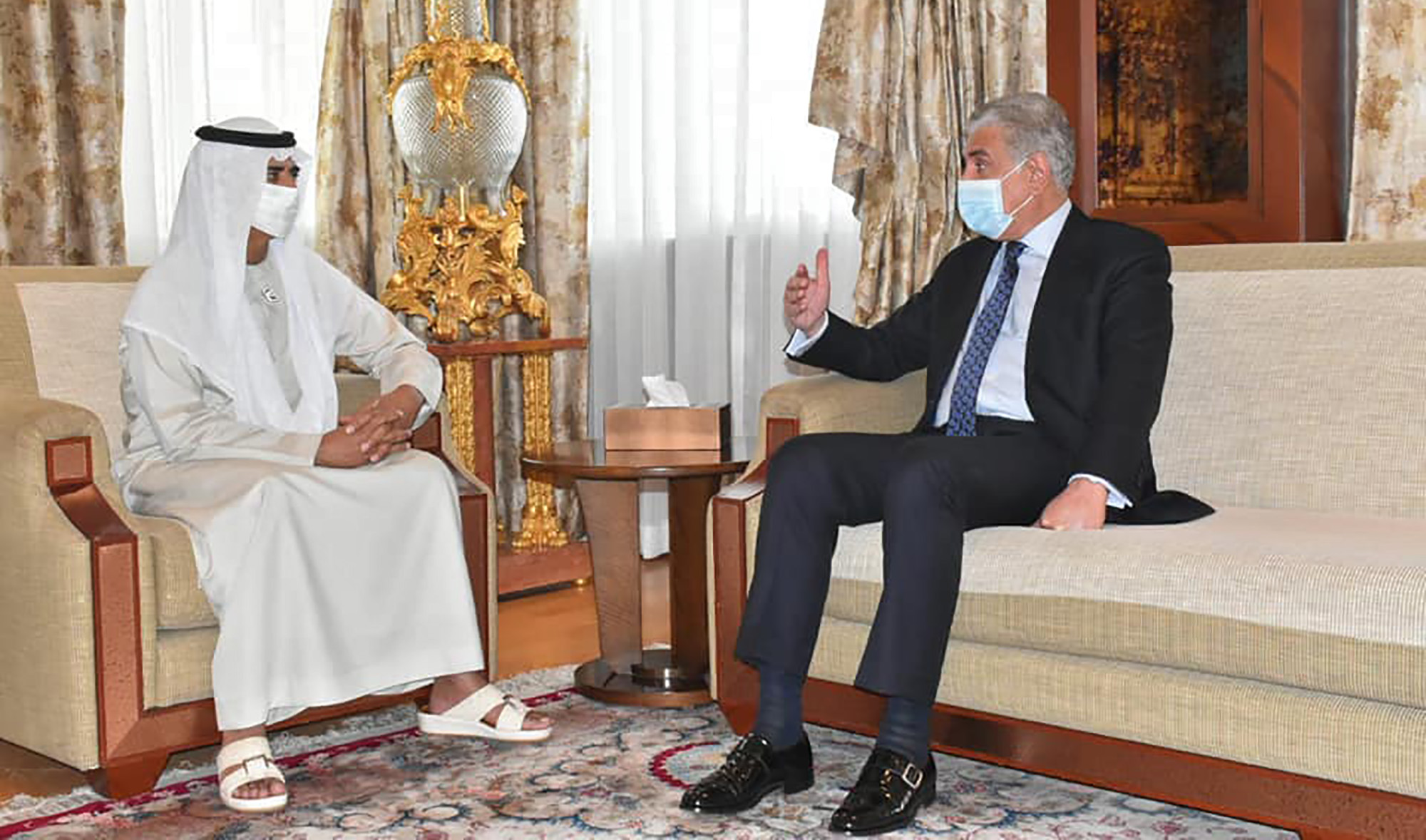 Pakistan's foreign minister Shah Mahmood Qureshi, right, with Sheikh Nahyan bin Mubarak Al Nahyan, UAE’s Minister of Tolerance and Coexistence in Dubai, UAE, on April 19, 2021. (Photo courtesy: Pakistan Embassy UAE)