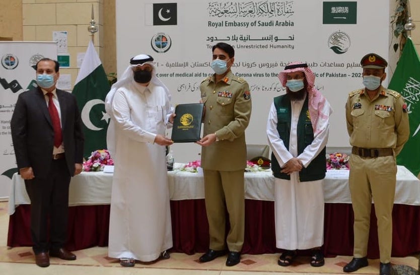 Saudi Arabia's envoy to Pakistan, Nawaf bin Said Al-Malki, hands over medical equipment worth $1.5 million to the National Disaster Management Authority (NDMA) in Islamabad on April 20, 2021. (Photo courtesy: Saudi Embassy)