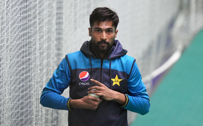 Pakistan's Mohammad Amir bowls in the nets during an indoor net session at Old Trafford Cricket Stadium in Manchester on June 14, 2019. (AFP/File)