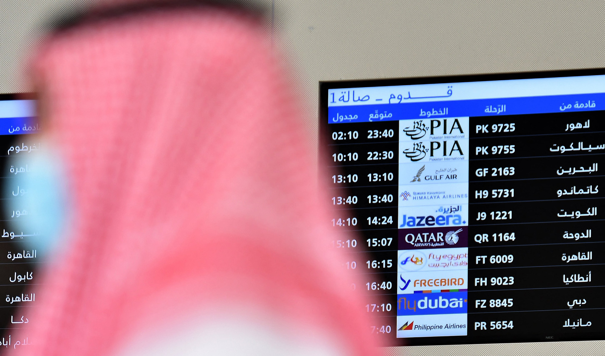 A flight information display board at King Khalid International Airport in the Saudi capital Riyadh shows the schedule of flights arriving from different destinations on January 11, 2021. (AFP/File)
