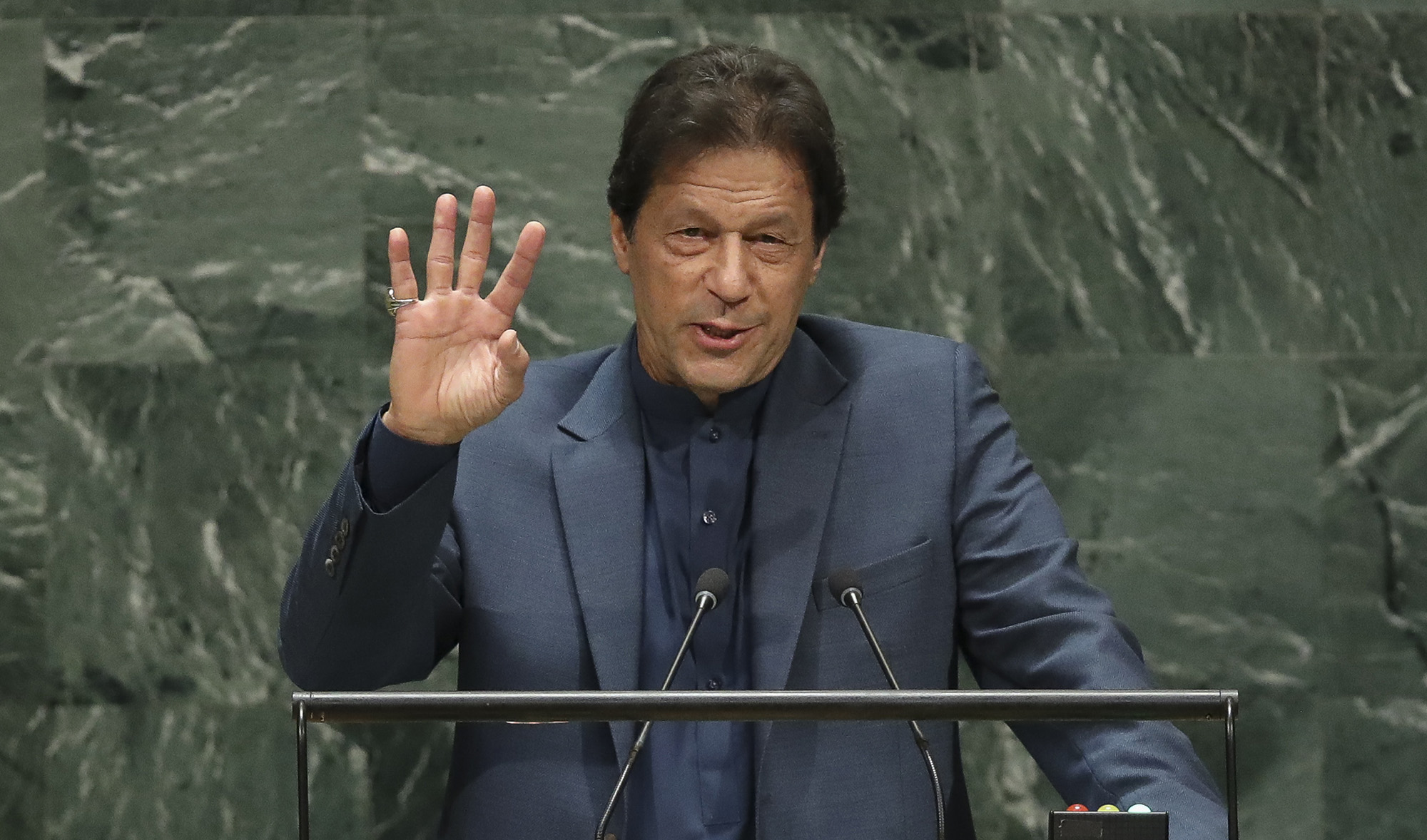 Prime Minister of Pakistan Imran Khan addresses the United Nations General Assembly at UN headquarters on Sept. 27, 2019 in New York City. (AFP/File)