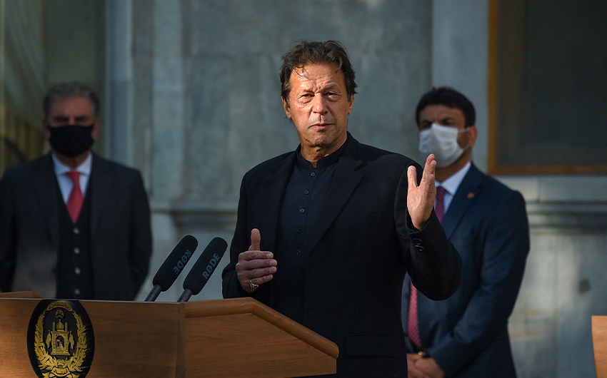 Pakistan's PM Imran Khan speaks during a joint press conference with Afghanistan's president at the Presidential Palace in Kabul. (AFP/File)