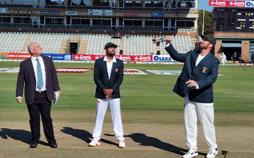 Zimbabwe's stand-in skipper Brendon Taylor (left) does the coin toss before the first Test cricket match between Zimbabwe and Pakistan in Harare on April 29, 2021. (Photo courtesy: Pakistan Cricket Board)
