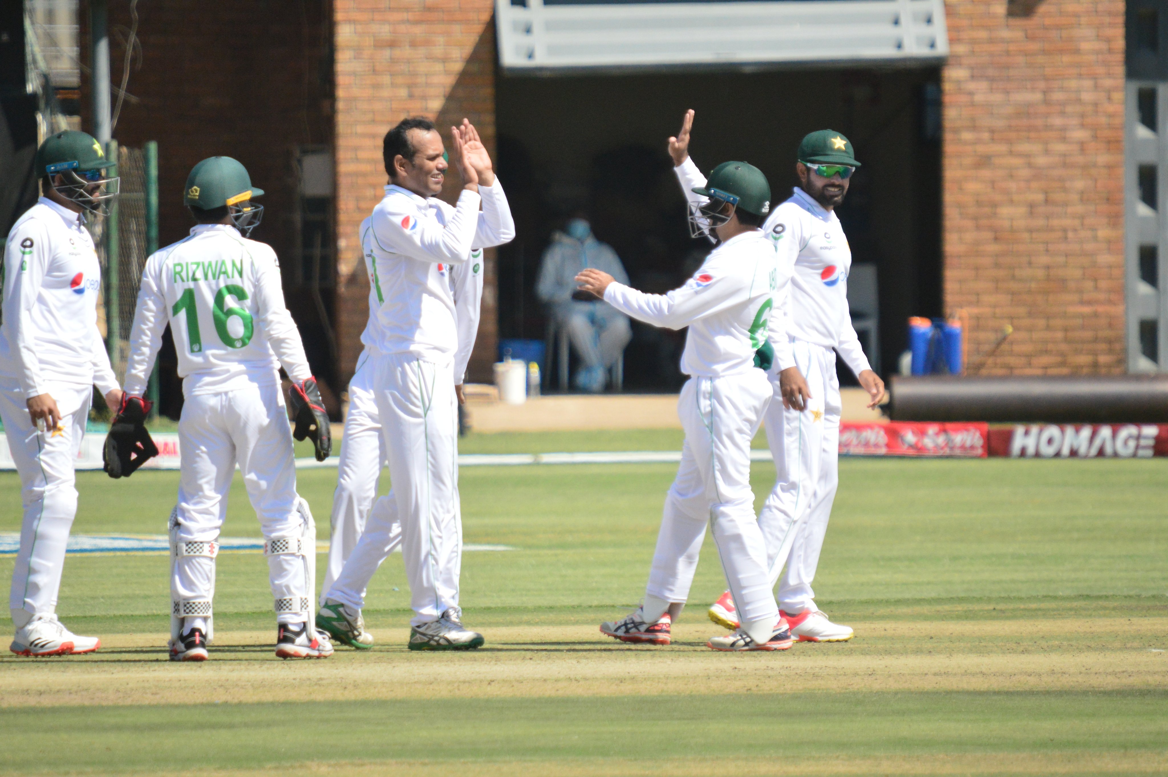 Pakistani bowlers celebrate the dismissal of a Zimbabwe's batsman during the first test match in Harare, Zimbabwe on April 29, 2021. (Photo courtesy: PCB)