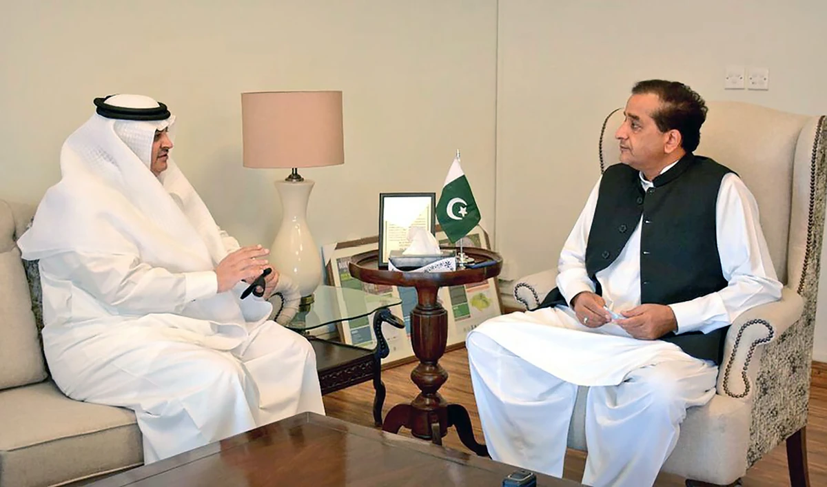 Pakistan Prime Minister's special assistant on climate change, Malik Amin Aslam, right, during his meeting with Saudi Arabia's envoy in Islamabad on April 2, 2021. (Photo courtesy: @KSAembassyPK/Twitter)