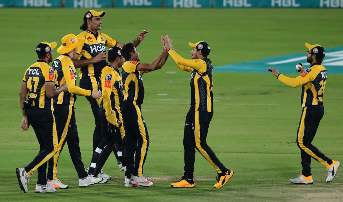 Peshawar Zalmi's players celebrate after the dismissal of Quetta Gladiators' Cameron Delport, during the Pakistan Super League (PSL) T20 cricket match between Peshawar Zalmi and Quetta Gladiators in Karachi on February 26, 2021. (USDT/AFP)
