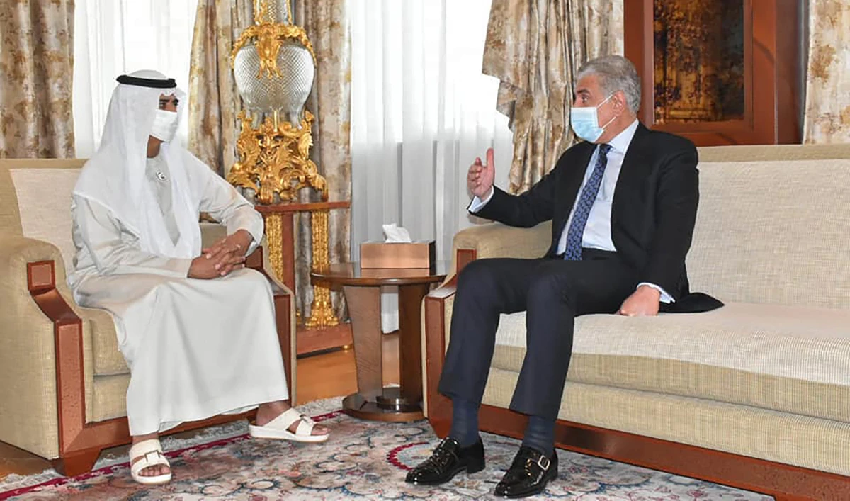 Pakistan's foreign minister Shah Mahmood Qureshi, right, with Sheikh Nahyan bin Mubarak Al Nahyan, UAE’s Minister of Tolerance and Coexistence in Dubai, UAE, on April 19, 2021. (Photo courtesy: Pakistan Embassy UAE)