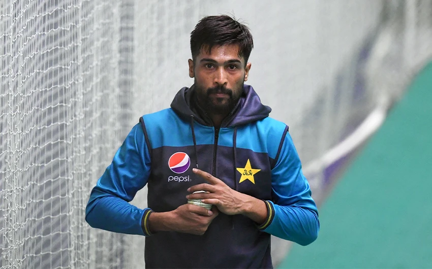 Pakistan's Mohammad Amir bowls in the nets during an indoor net session at Old Trafford Cricket Stadium in Manchester on June 14, 2019. (AFP/File)