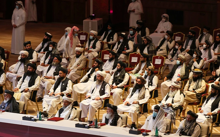 Members of the Taliban delegation attend the opening session of the peace talks between the Afghan government and the Taliban in the Qatari capital Doha on September 12, 2020. (AFP/File)