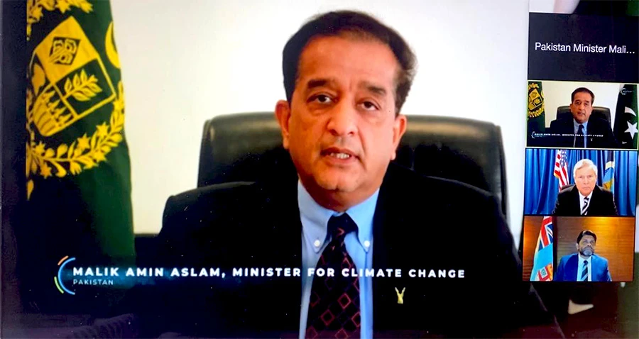 Special Assistant to the Pakistani Prime Minister on Climate Change, Malik Amin Aslam addressing the Leaders Climate Summit in Washington, US on April 22, 2021. (Photo courtesy: Malik Amin Aslam twitter)