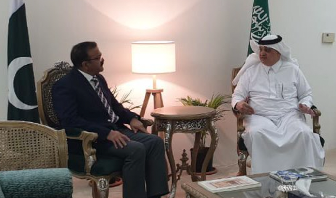 Ambassador of the Kingdom of Saudi Arabia to Pakistan, Nawaf bin Said Al-Malki meeting the ambassador of Pakistan to KSA, Bilal Akbar at the Embassy of Pakistan in Riyadh May 02, 2021.( Courtesy: Embassy of Pakistan in Riyadh)
