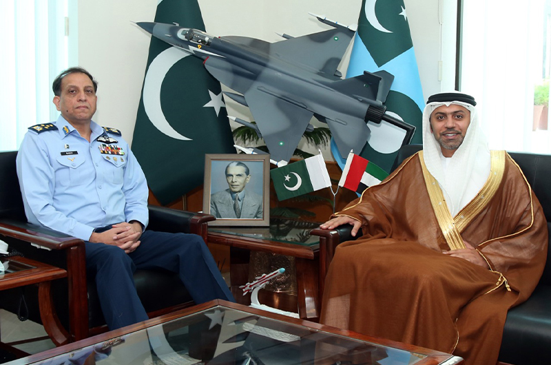 Ambassador of the United Arab Emirates to Pakistan, Hamad Obaid Ibrahim Al-Zaabi (right) meets Pakistan's Air Chief Marshal Zaheer Ahmed Baber Sidhu in Islamabad, Pakistan, on May 3, 2021. (Photo courtesy: PAF)