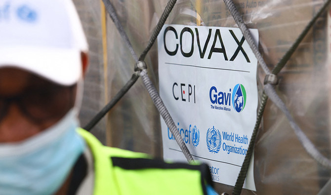 This photograph taken on February 24, 2021 shows a Covax tag on a shipment of Covid-19 vaccines from the Covax global Covid-19 vaccination programme, at the Kotoka International Airport in Accra. (AFP)