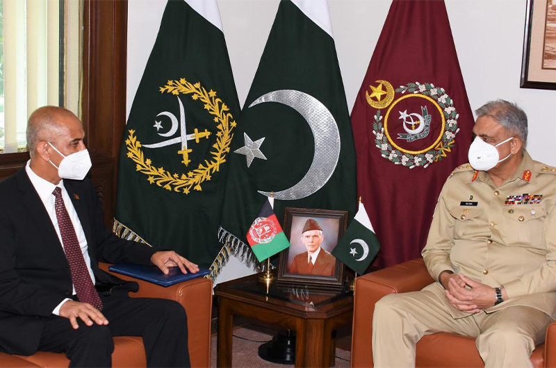 Pakistan's armed forces chief, Gen. Qamar Bajwa, meets Afghanistan’s ambassador to Pakistan, Najibullah Alikhil, at the Pakistan Army's headquarters in Rawalpindi, April 22, 2021. (Photo courtesy: Pakistan Army)