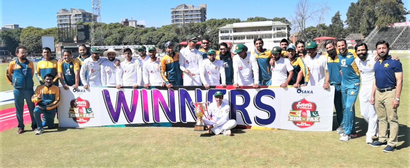 Pakistani cricket team posing for a picture after winning second test against Zimbabwe in Harare on May 9, 2021. (Photo courtesy: Pakistan Cricket Board)