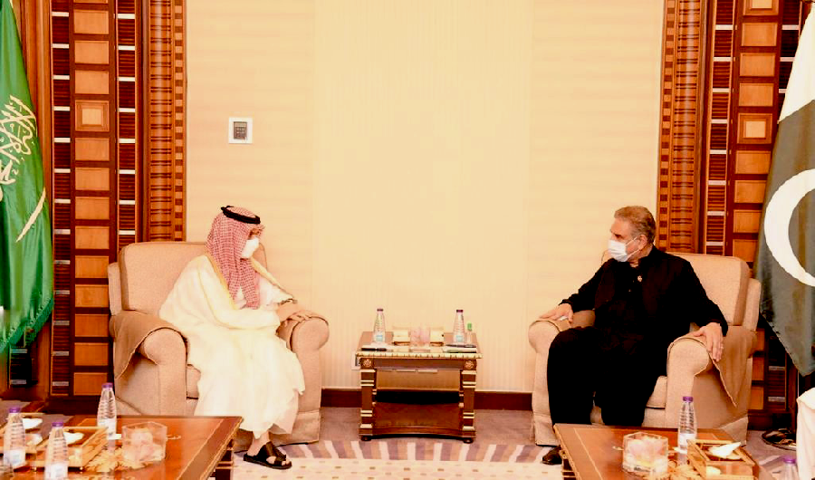 Foreign Minister Shah Mahmood Qureshi meets Saudi counterpart Prince Faisal bin Farhan on the sidelines of Prime Minister Imran Khan’s three-day visit to Saudi Arabia on May 7, 2021. (Photo courtesy: Pakistan's foreign office)