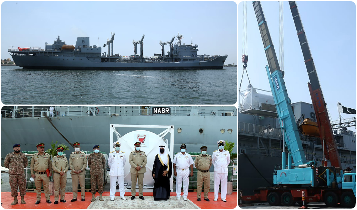 The photographs show medical supplies sent by Bahrain being unloaded from a special Pakistan Navy ship, NASR, at the Karachi port on May 16, 2021. (Photo courtesy: Pakistan Navy)