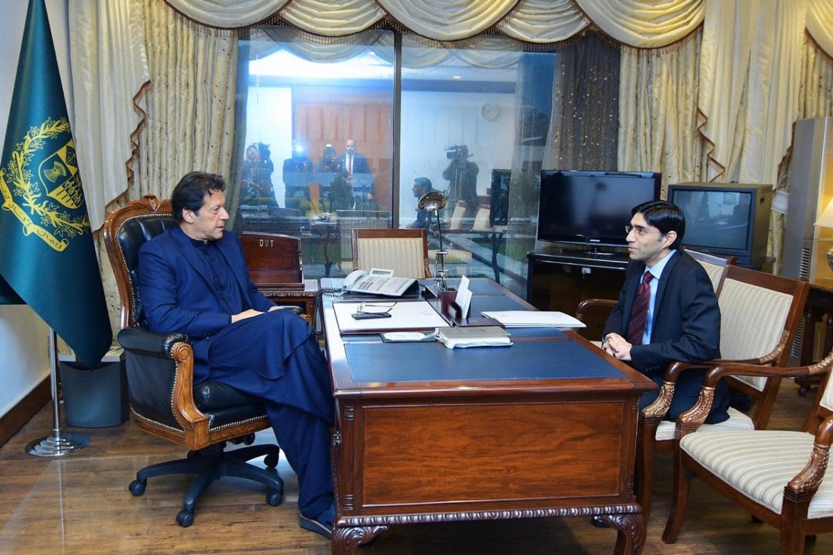 Pakistani Prime Minister Imran Khan (left) with advisor on national security affairs, Moeed Yusuf (right) at the PM office in Islamabad, Pakistan on November 08, 2019 . (Photo: PTI Pakistan/ Facebook)