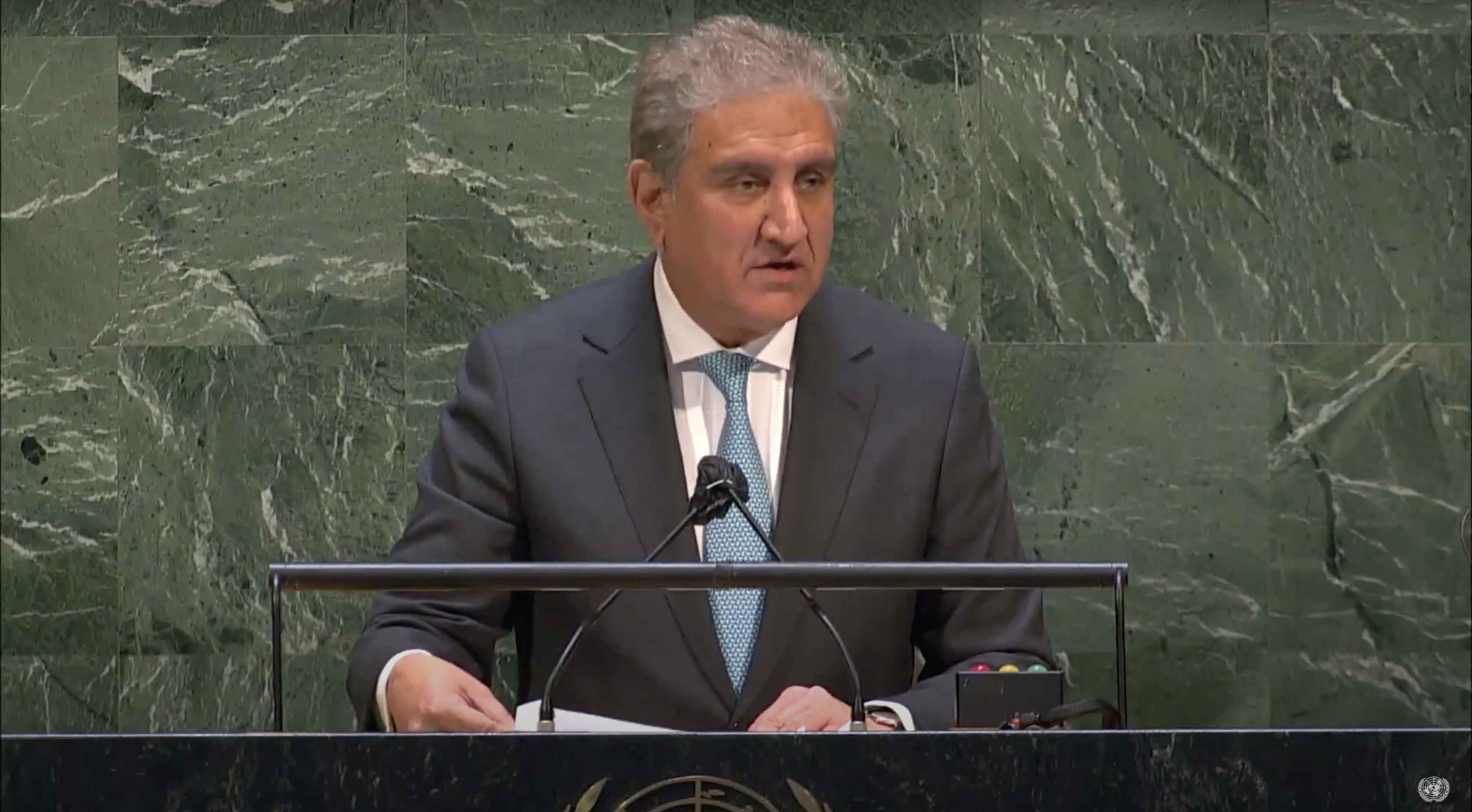 Pakistan's foreign minister Shah Mahmood Qureshi addresses a special United Nations General Assembly (UNGA) session in New York, US, on May 20, 2021. (Photo courtesy: United Nations)