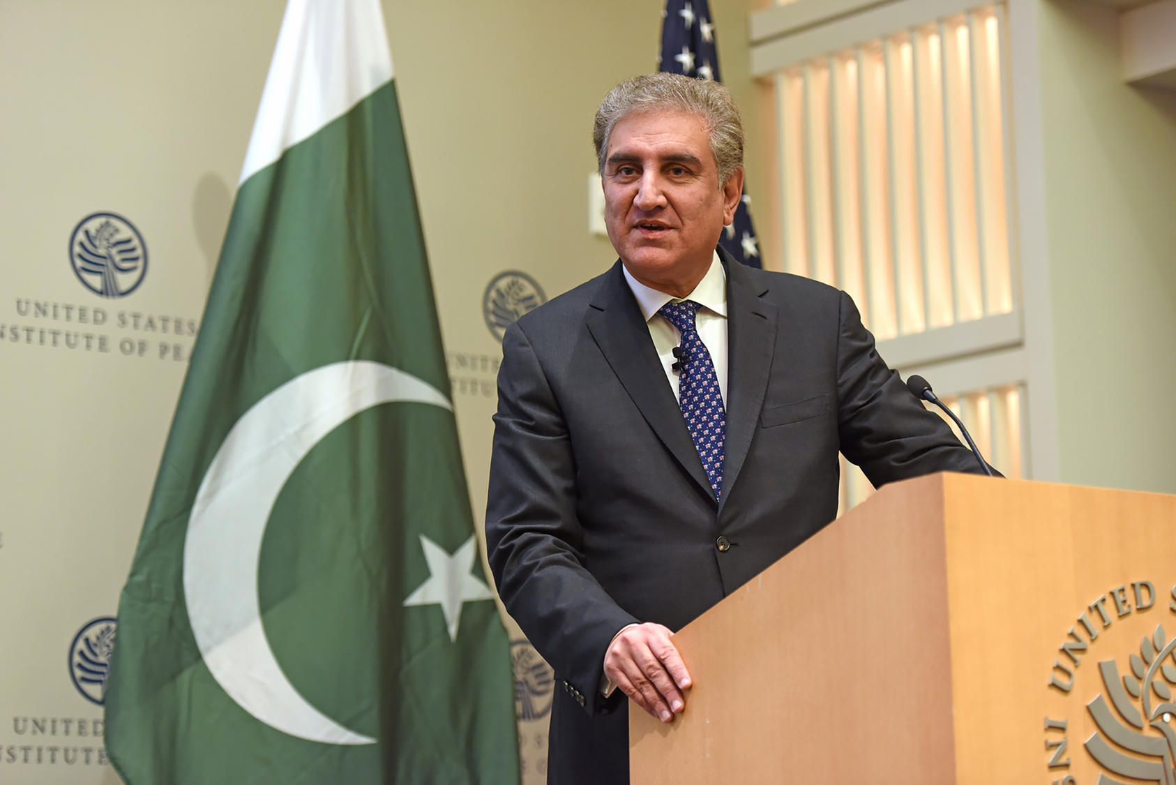 In this file photo, Pakistan Foreign Minister Shah Mahmood Qureshi addresses an audience at the US Institute of Peace in Washington on October 3, 2018. (Photo Courtesy: USIP)