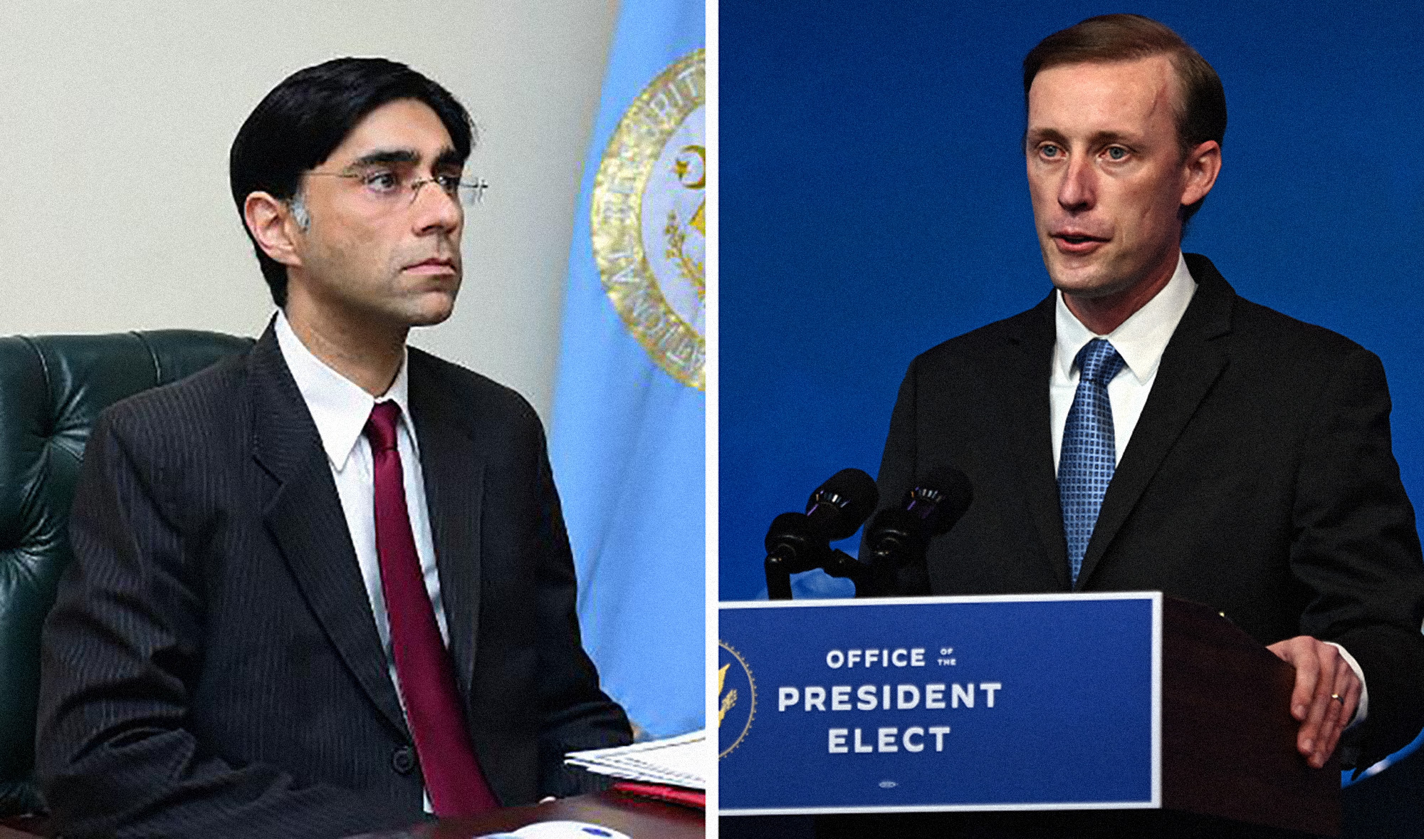 This collage shows Pakistan's national security advisor Dr. Moeed Yusuf, left, and his US counterpart Jake Sullivan. (Photo courtesy: @YusufMoeed/Twitter and AFP)