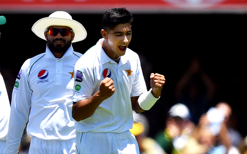 Pakistan's paceman Naseem Shah (R) celebrates his wicket in Test cricket on day three of the first Test cricket match between Pakistan and Australia at the Gabba in Brisbane on November 23, 2019. (AFP/File)