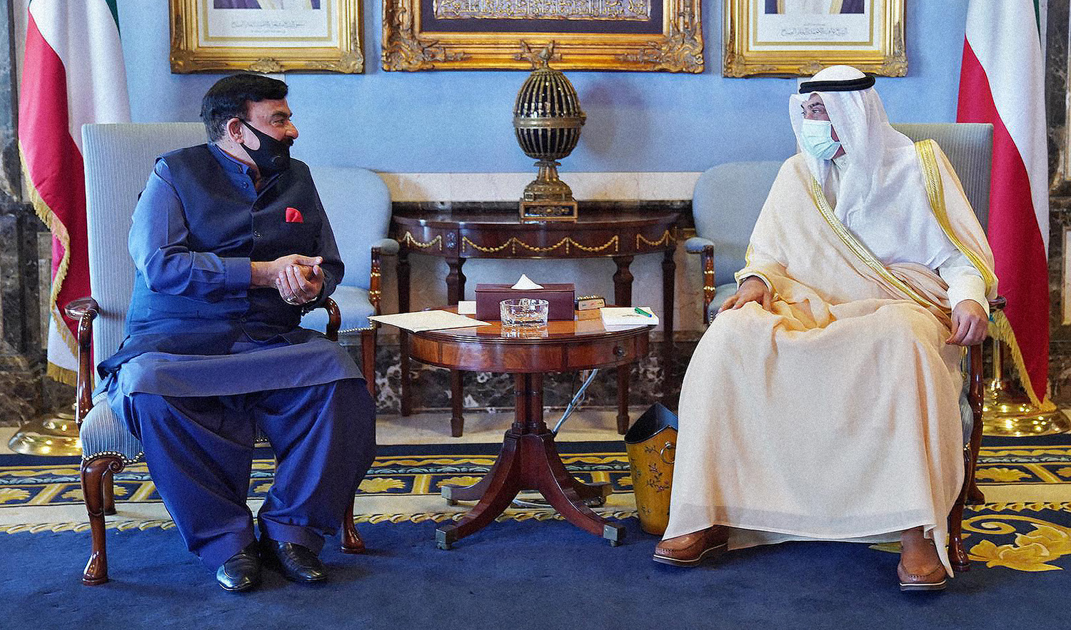 Pakistan's interior minister Sheikh Rasheed Ahmed, left, meets Kuwaiti Prime Minister Sabah Al-Khalid Al-Sabah on May 30, 2021. (Photo courtesy: @ShkhRasheed/Twitter)