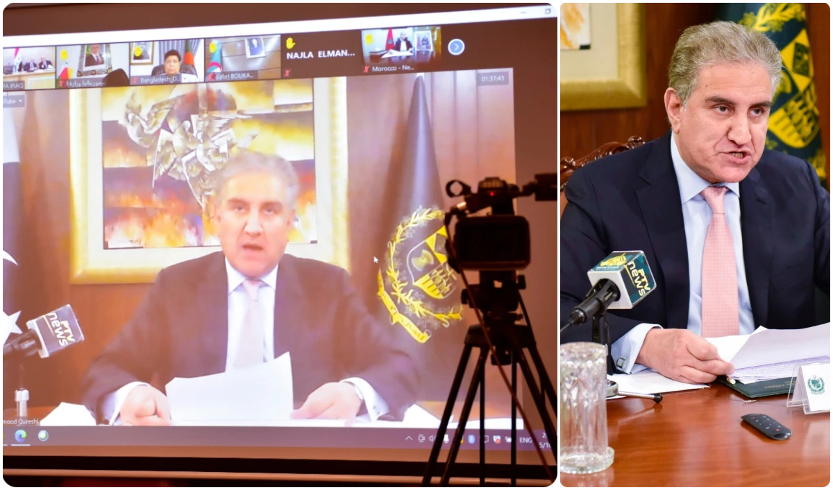Pakistan's Foreign Minister Shah Mahmood Qureshi speaks during a session of the Organization of Islamic Cooperation (OIC) on May 16, 2021. (Photo courtesy: Pakistan Ministry of Foreign Affairs)
